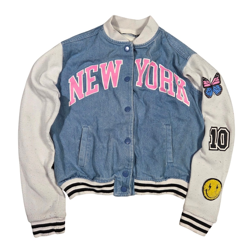 Common Stitch Girls Blue Denim Varsity Jacket New York Patch Size S 7/8 Casual